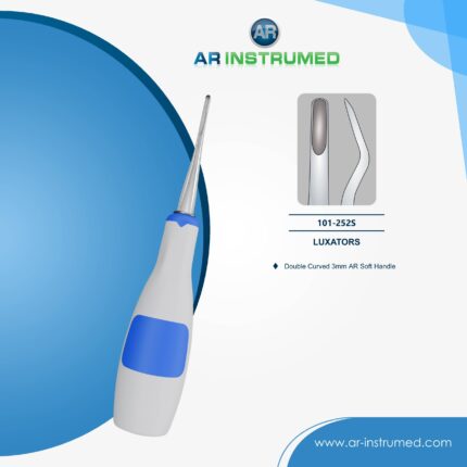 AR INSTRUMED Luxator Double Curved dental extraction instrument with soft light blue silicone grip handle for atraumatic tooth and root elevation and loosening procedures.