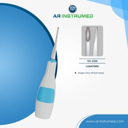 AR INSTRUMED Luxator Straight dental extraction instrument with soft light blue silicone grip handle for atraumatic tooth and root loosening and elevation procedures.