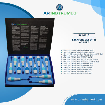 AR INSTRUMED 13-piece Luxator dental extraction set with silicone grip handles for atraumatic tooth and root loosening and elevation procedures.