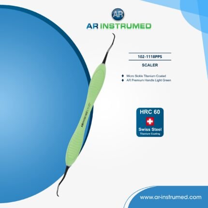 AR INSTRUMED micro sickle scaler stainless steel light green silicone handle dental cleaning instrument plaque calculus removal Pakistan dental supplies