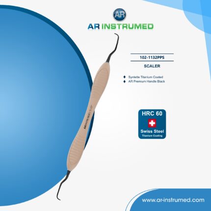 Dental duplex curette 11-12/13-14 with titanium-coated tips and brown silicone handle for precise posterior scaling