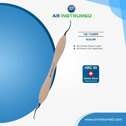AR INSTRUMED Mini Duplex Curette 11–12 / 13–14 with titanium-coated tips and brown AR Premium silicone handle for posterior plaque and calculus removal during dental scaling procedures.