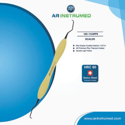 AR INSTRUMED Mini Duplex Anterior Scaler 1–2 / 7–8 with titanium-coated tip and light yellow silicone handle for plaque and calculus removal from anterior teeth surfaces.