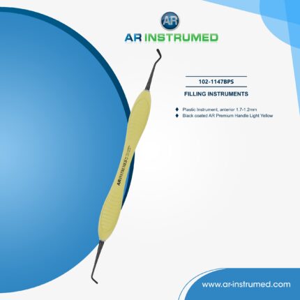 AR INSTRUMED Plastic instrument anterior with light yellow silicone handle used for precise placement and contouring of composite materials in dental front teeth restorations.