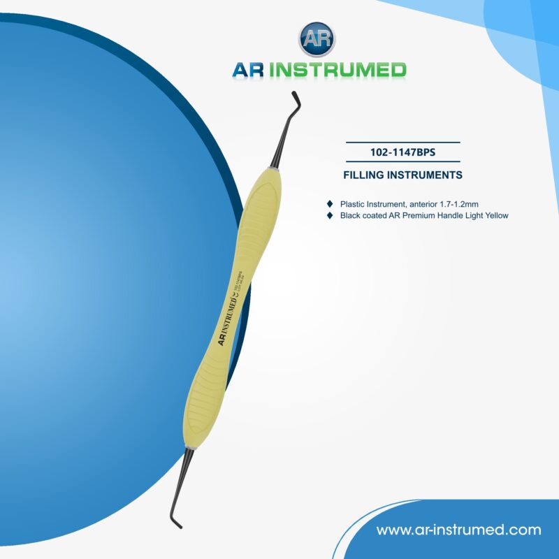 AR INSTRUMED Plastic instrument anterior with light yellow silicone handle used for precise placement and contouring of composite materials in dental front teeth restorations.