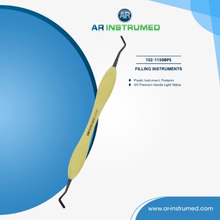 AR INSTRUMED Plastic instrument posterior with light yellow silicone handle used for precise placement and contouring of composite materials in dental posterior restorations.