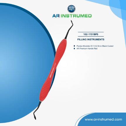 AR INSTRUMED Packer-Modeller IO dental composite instrument with titanium-coated tip and red silicone handle for precise placement and contouring of restorative materials.