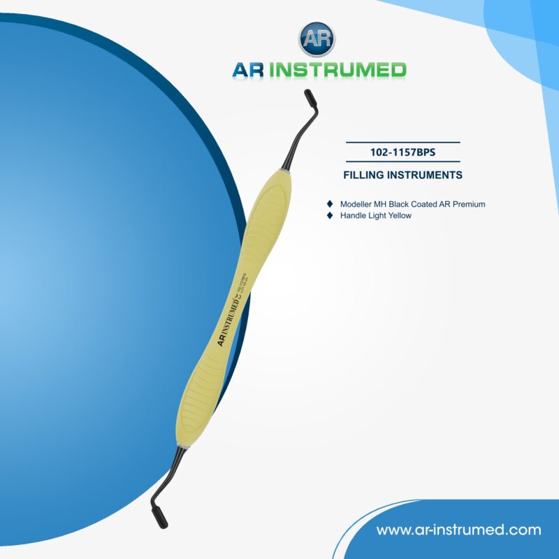 AR INSTRUMED Modeller MH dental composite instrument with titanium-coated tip and light yellow silicone handle for precise placement and contouring of restorative materials.