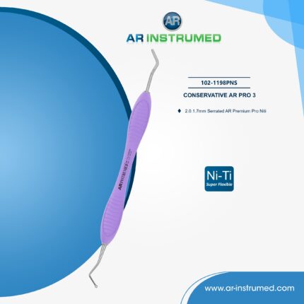 Dental composite filling instrument AR PRO 3 with NiTi flexible double-ended tips and light purple silicone handle for precise anterior restorations