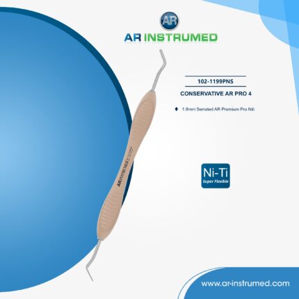 Dental composite filling instrument AR PRO 4 with slim NiTi flexible double-ended tip and light brown silicone handle for precise anterior restorations