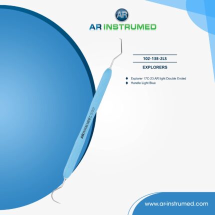Dental explorer 17C-23 double-sided with curved tips and light blue silicone handle for cavity and plaque detection