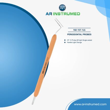 Dental CP-15 one-sided periodontal probe with color-coded markings and light orange silicone handle for precise pocket measurement