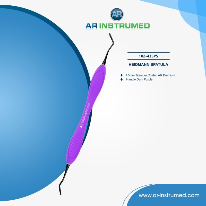 AR INSTRUMED Heidemann spatula dental instrument with titanium-coated tip and dark purple silicone handle for composite placement and restorative dental procedures.