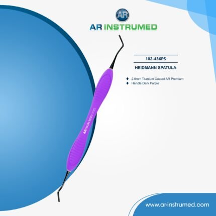 AR INSTRUMED Heidemann spatula dental instrument with titanium-coated tip and dark purple silicone handle for composite placement and restorative filling procedures.