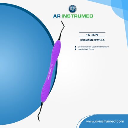 AR INSTRUMED Heidemann spatula dental instrument with titanium-coated tip and dark purple silicone handle for composite placement and restorative dental procedures.