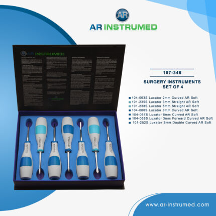 AR INSTRUMED 7-piece Luxator dental extraction set with silicone grip handles for controlled and atraumatic tooth and root loosening and elevation procedures.