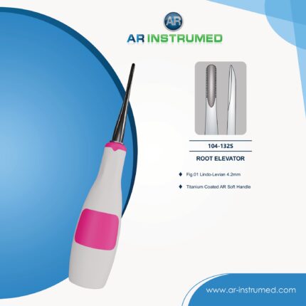 Dental Fig.01 Lindo-Levian root elevator with titanium-coated tip and pink silicone grip for precise tooth and root extraction