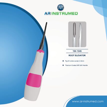 Dental Fig.03 Lindo-Levian root elevator with titanium-coated tip and pink silicone grip for precise tooth and root extraction