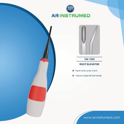 Dental Fig.04 Lindo-Levian root elevator with titanium-coated tip and red silicone grip for precise tooth and root extraction
