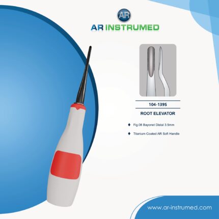 Dental Fig.08 Bayonet Meisal root elevator with titanium-coated tip and red silicone handle for precise tooth and root extraction