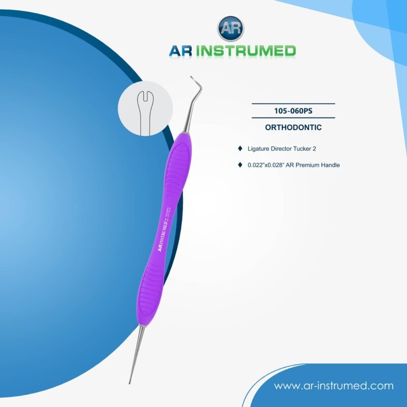 AR INSTRUMED Ligature Director Tucker 2 orthodontic instrument with dark purple AR Premium silicone handle for ligature placement and orthodontic bracket adjustment procedures.