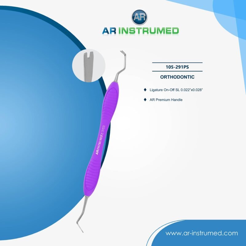AR INSTRUMED Ligature On-Off SL orthodontic instrument with dark purple AR Premium silicone handle for elastic ligature placement and removal around brackets.