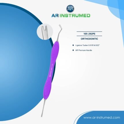 AR INSTRUMED Ligature Tucker orthodontic instrument with dark purple AR Premium silicone grip for ligature placement and orthodontic bracket adjustment procedures.