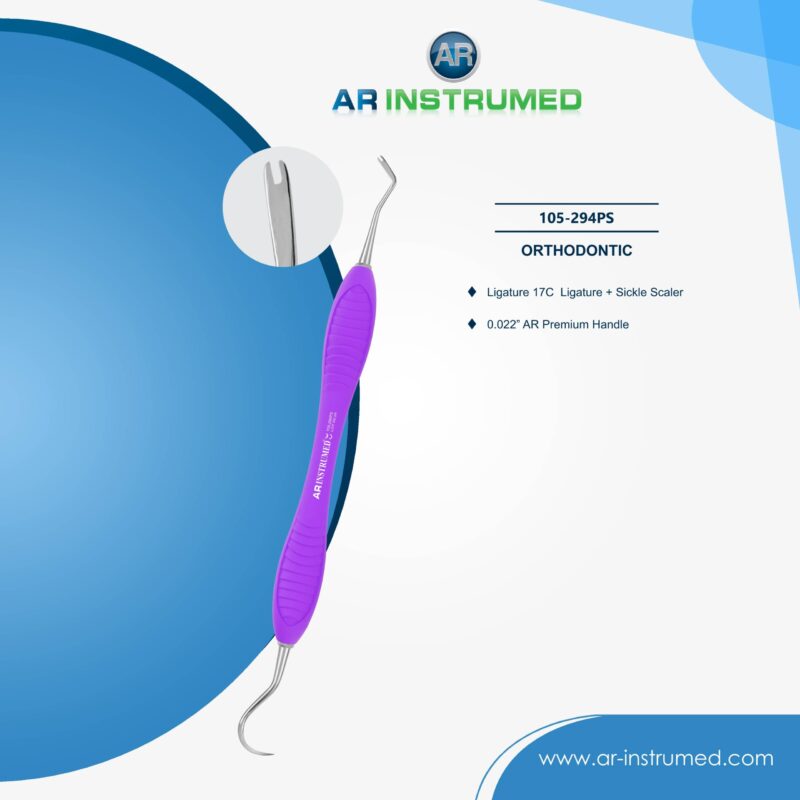 AR INSTRUMED Ligature 17C orthodontic instrument with dark purple silicone handle for ligature placement and light scaling in orthodontic procedures.