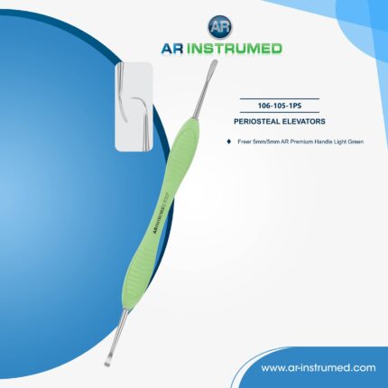 AR INSTRUMED Freer periosteal elevator 5mm/4.5mm with light green silicone handle used for gentle elevation and reflection of mucoperiosteal tissues during dental procedures.