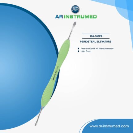 AR INSTRUMED Freer periosteal elevator 5mm/5mm with light green silicone handle used for gentle elevation and reflection of mucoperiosteal tissues during dental procedures.