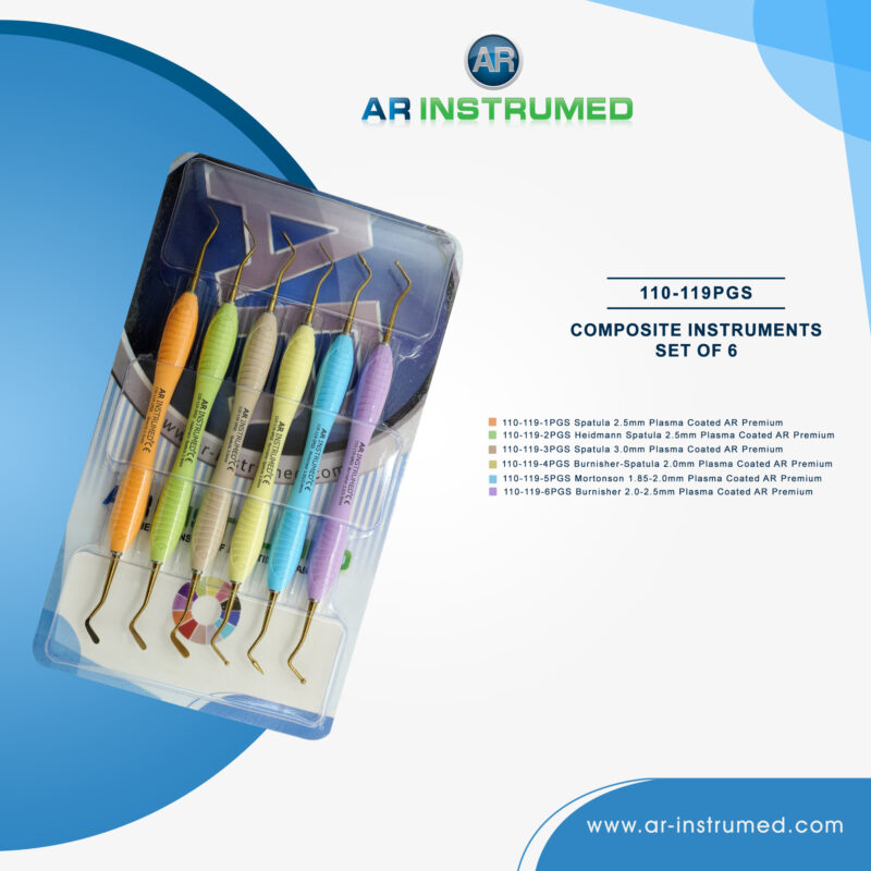 6-piece dental composite instrument set with titanium-coated tips and silicone handles for precise restorative procedures
