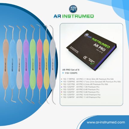 AR PRO 8-piece composite filling instruments set with double-ended tips and ergonomic silicone handles for precise dental restorations