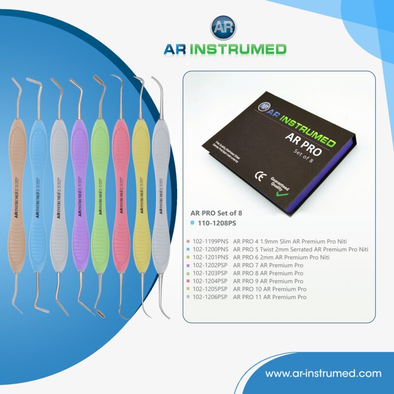 AR PRO 8-piece composite filling instruments set with double-ended tips and ergonomic silicone handles for precise dental restorations