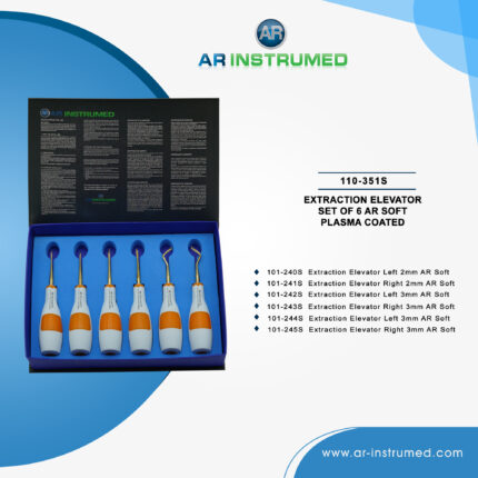 Dental root elevator set of 6 pieces with titanium-coated tips and silicone handles for precise tooth and root extraction