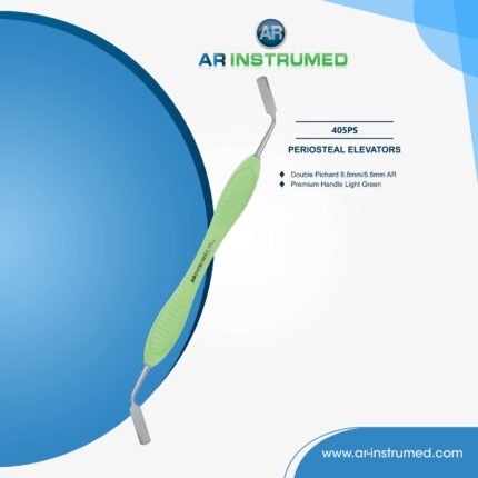AR INSTRUMED Double Pichard periosteal elevator 8.8mm/8.8mm with light green silicone handle used for gentle elevation and reflection of mucoperiosteal tissues during dental procedures.