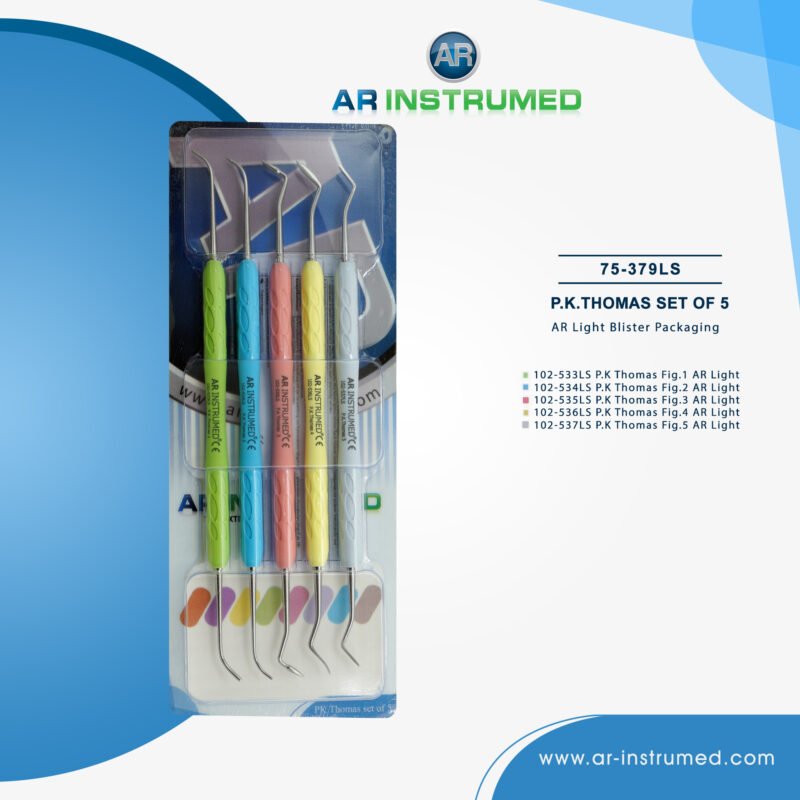 AR INSTRUMED P.K. Thomas 5-piece waxing instrument set in blister pack used for precise waxing, carving, and contouring in dental procedures.