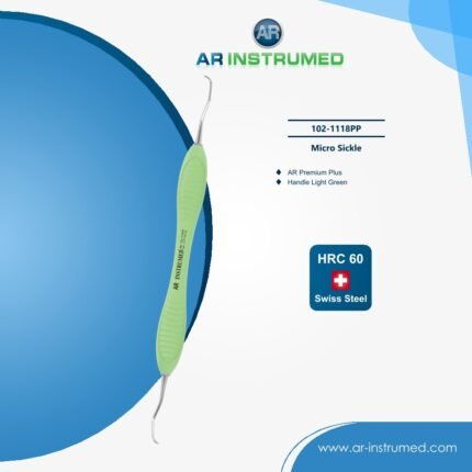 AR INSTRUMED Micro Sickle AR Premium Plus dental scaler instrument with ergonomic handle for plaque and calculus removal during dental cleaning procedures.