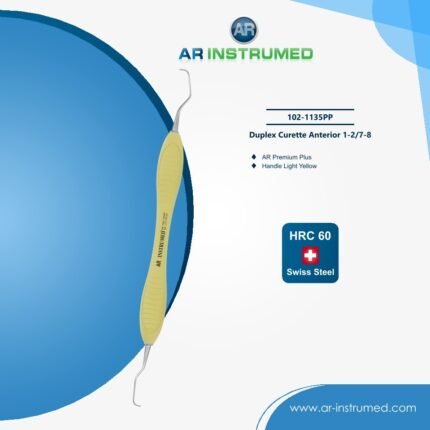 Dental duplex anterior curette with titanium-coated tip and light yellow silicone handle for precise scaling