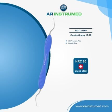 AR INSTRUMED Curette Gracey 17-18 AR Premium Plus Dark Blue stainless steel dental instrument Pakistan periodontal curette dark blue ergonomic handle anatomically adapted offset blade scaling and root planing instrument for posterior molars clinics hospitals and laboratories in Pakistan