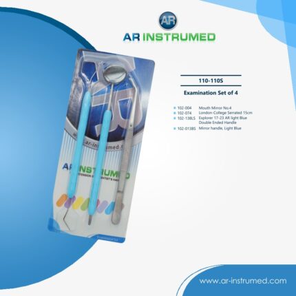 Dental examination set of 4 with mirror, explorer, tweezer, and handle for oral check-up and care