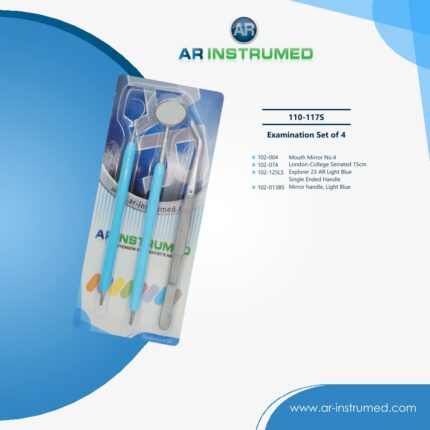 Dental examination set of 4 with mirror, explorer, tweezer, and handle for oral check-up